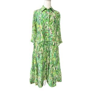 Mii Womens Shirt Dress M Green Floral Silk Midi Collared 3/4 Sleeve Swing